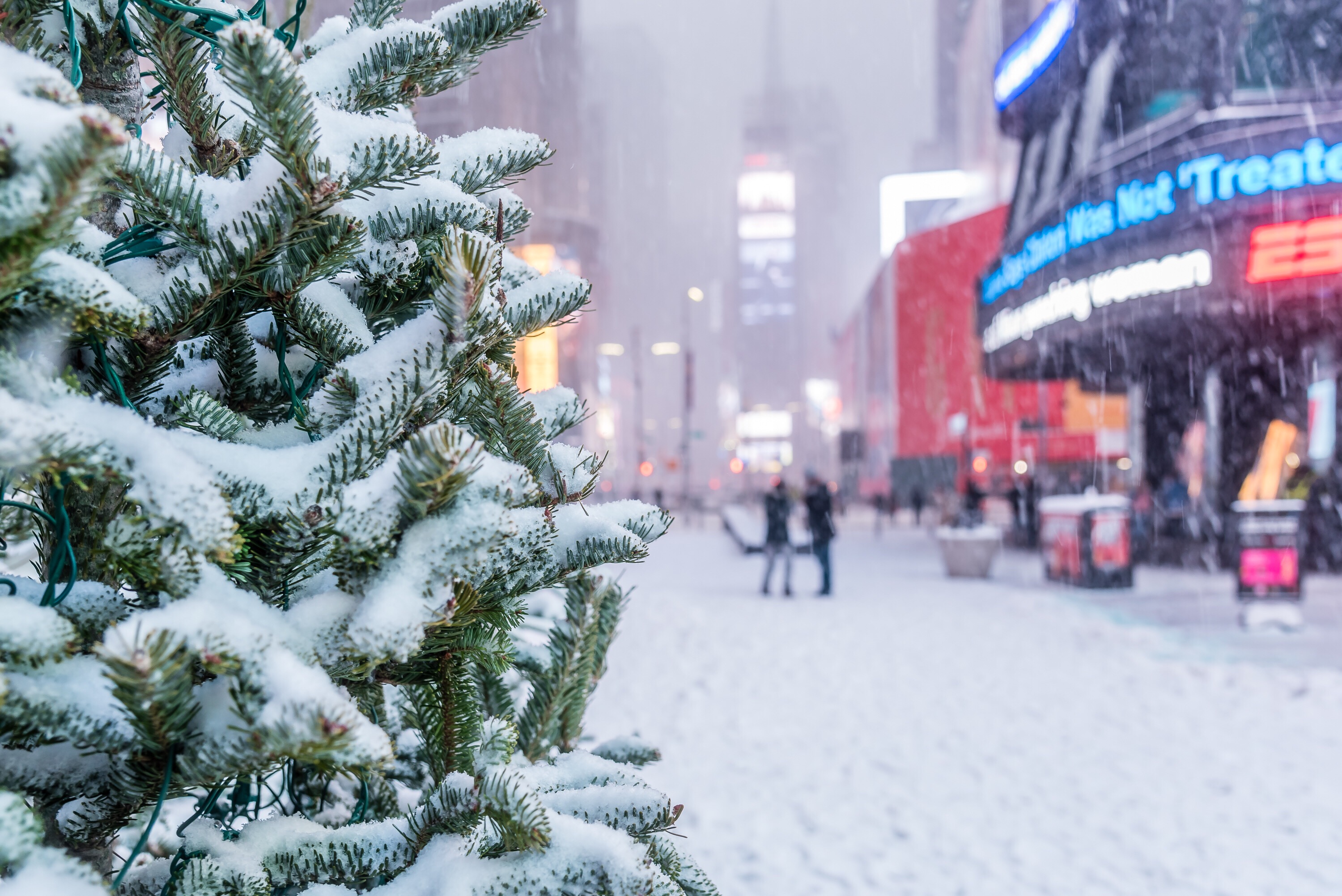 snow fall at times square in manhattan new york